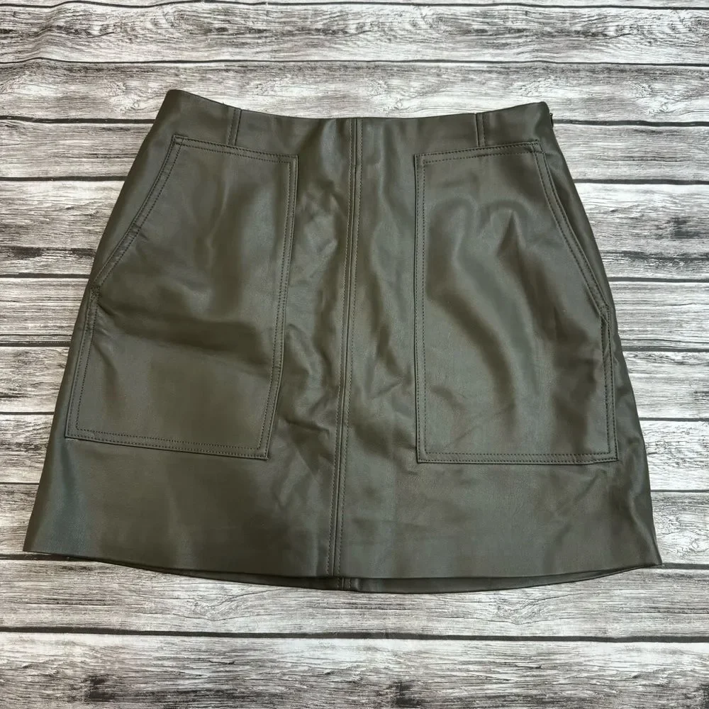Women's H&M Faux Leather Mini Skirt Olive Green Size 8 Pencil Workwear
